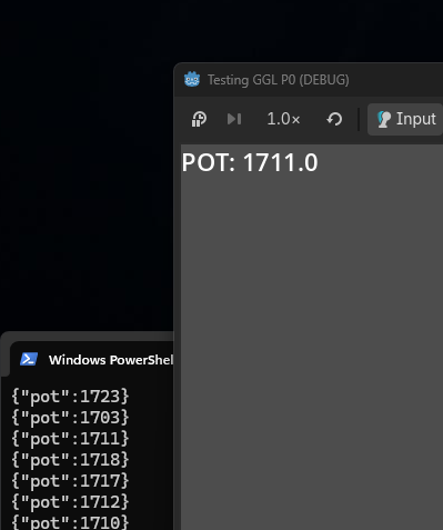 Godot debug window showing POT: 1711.0 beside a PowerShell terminal streaming matching JSON pot values from the ESP32 bridge